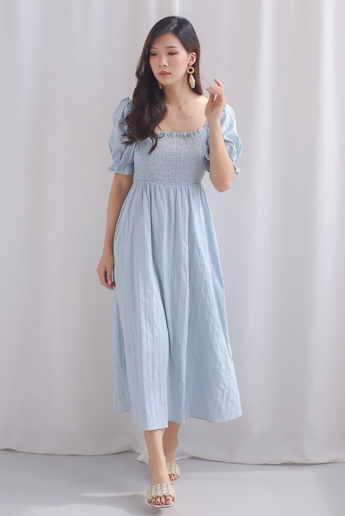 Maeko Stripes Puffy Sleeve Smocked Maxi Dress In Blue