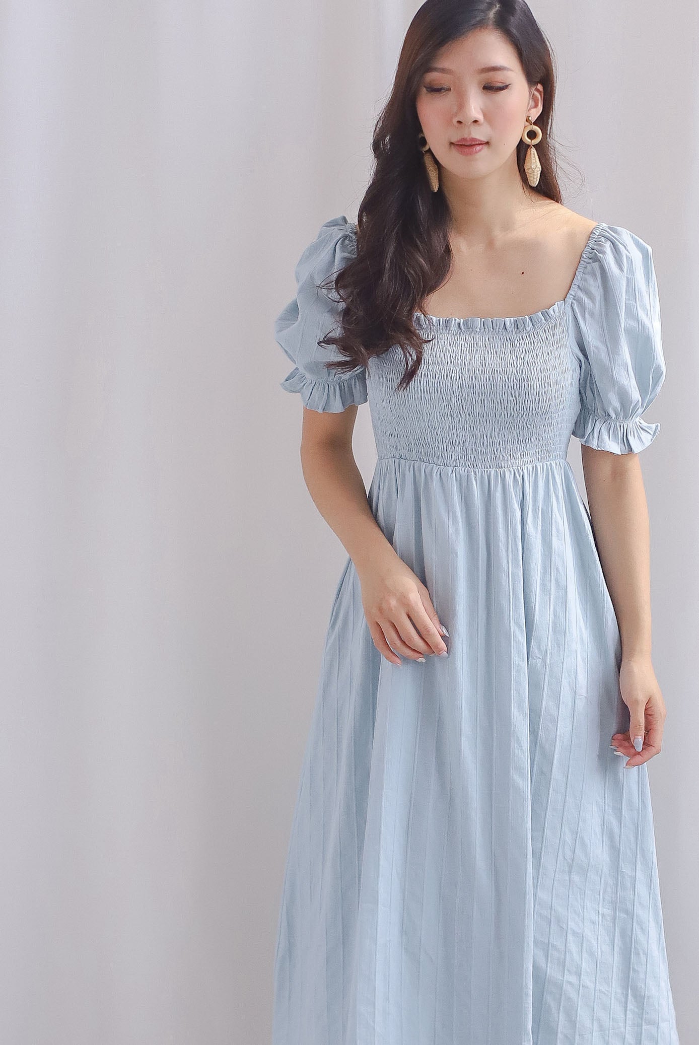 Maeko Stripes Puffy Sleeve Smocked Maxi Dress In Blue
