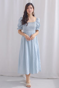 Maeko Stripes Puffy Sleeve Smocked Maxi Dress In Blue