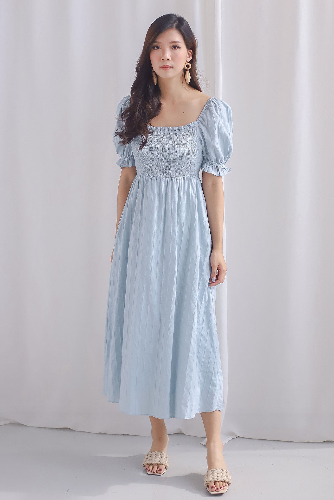Maeko Stripes Puffy Sleeve Smocked Maxi Dress In Blue