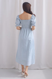 Maeko Stripes Puffy Sleeve Smocked Maxi Dress In Blue