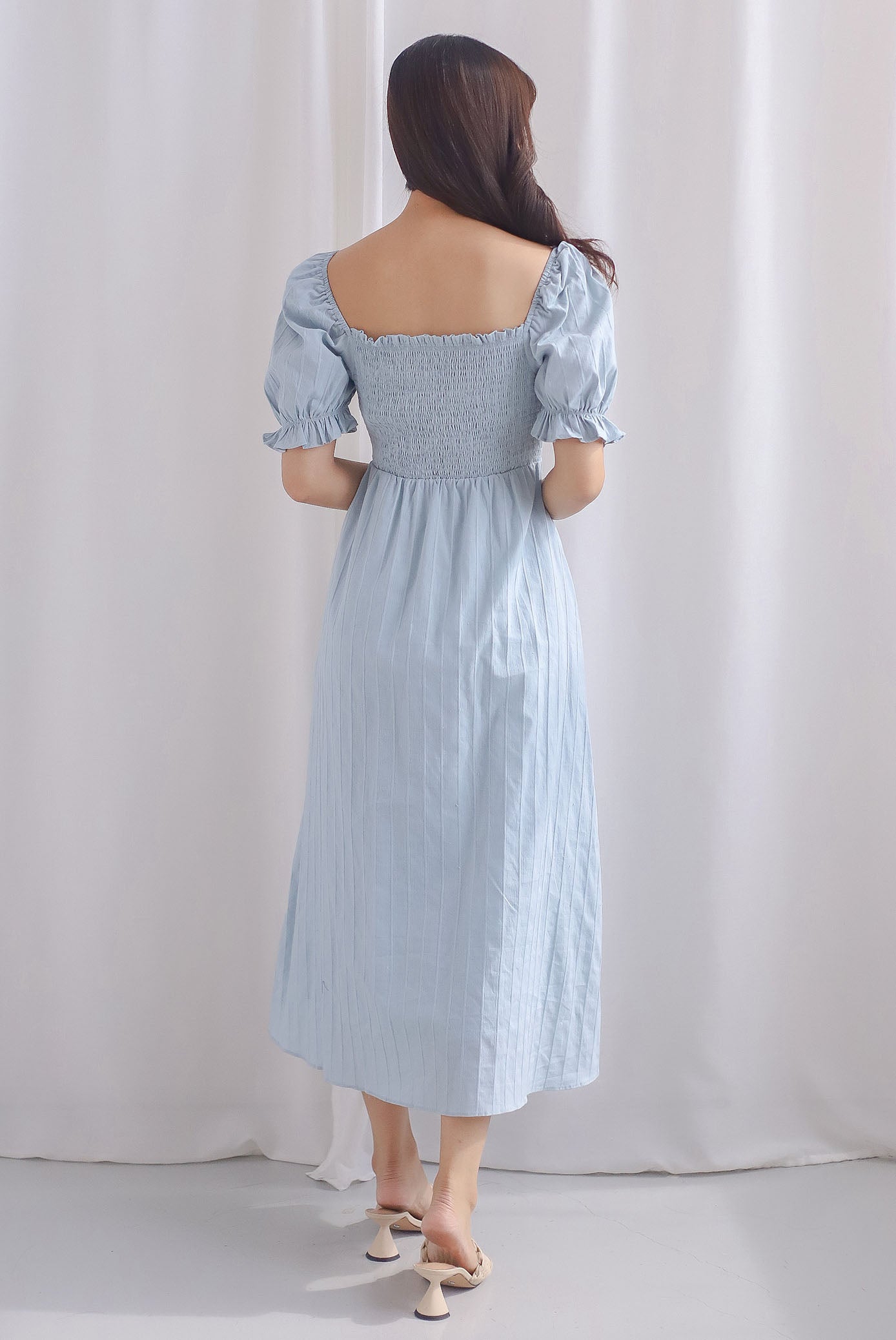 Maeko Stripes Puffy Sleeve Smocked Maxi Dress In Blue