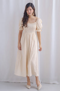 Maeko Stripes Puffy Sleeve Smocked Maxi Dress In Ecru