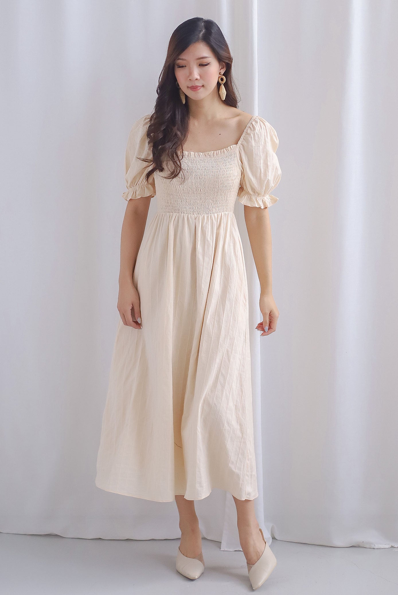 Maeko Stripes Puffy Sleeve Smocked Maxi Dress In Ecru