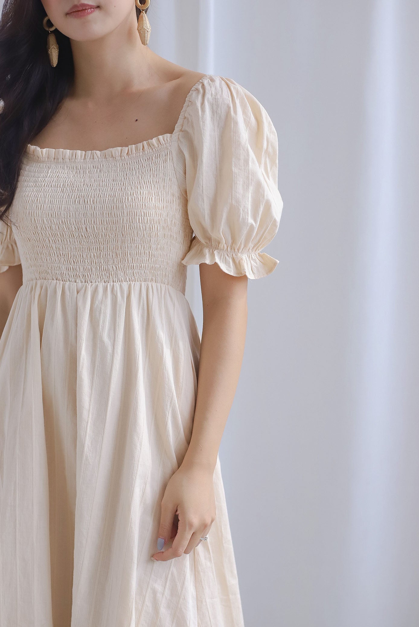 Maeko Stripes Puffy Sleeve Smocked Maxi Dress In Ecru