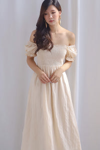 Maeko Stripes Puffy Sleeve Smocked Maxi Dress In Ecru
