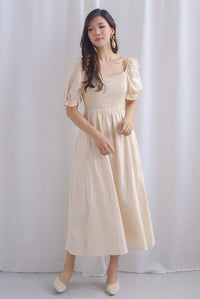 Maeko Stripes Puffy Sleeve Smocked Maxi Dress In Ecru
