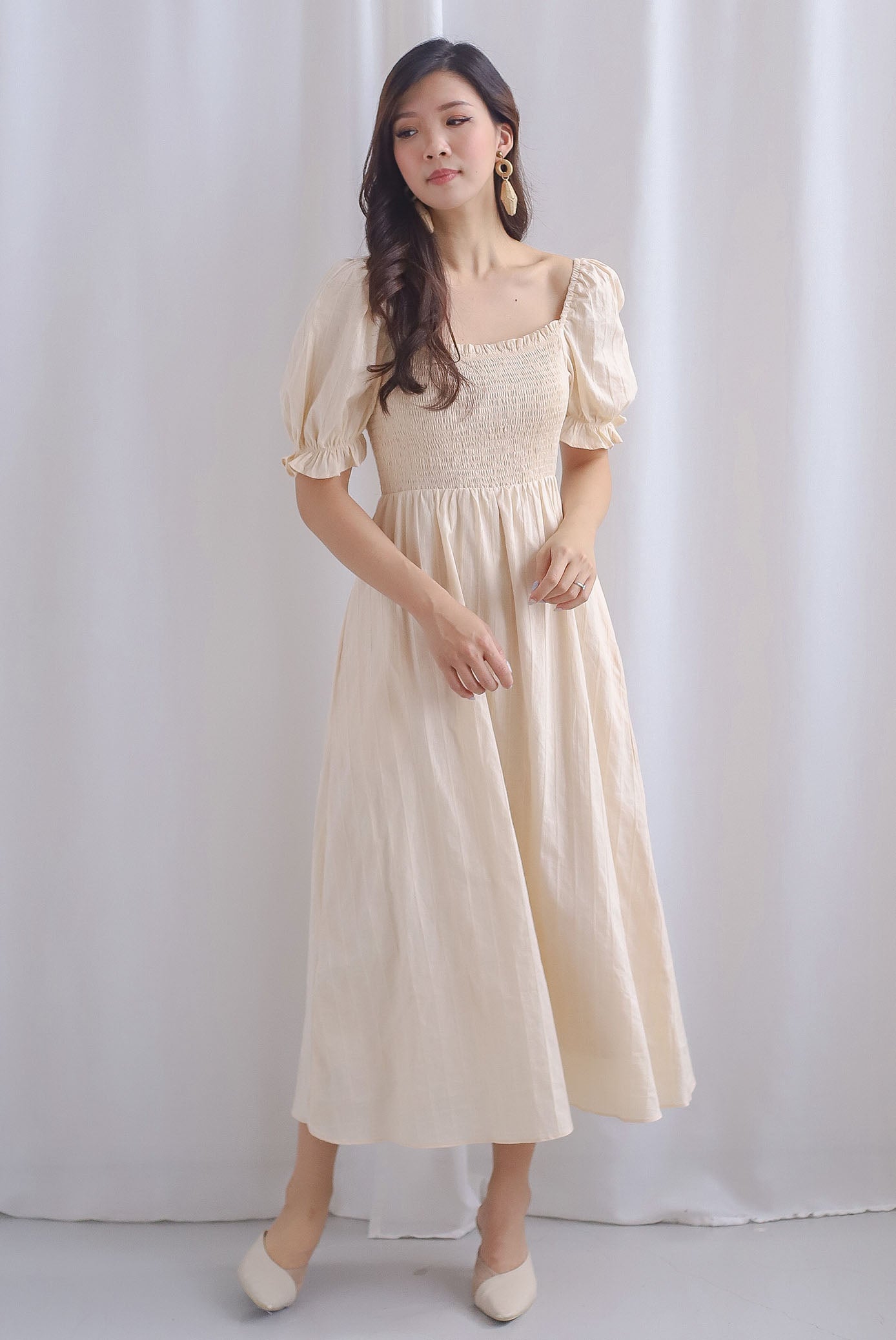 Maeko Stripes Puffy Sleeve Smocked Maxi Dress In Ecru