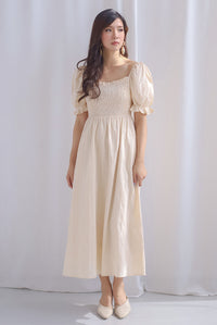 Maeko Stripes Puffy Sleeve Smocked Maxi Dress In Ecru