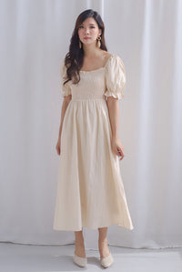 Maeko Stripes Puffy Sleeve Smocked Maxi Dress In Ecru