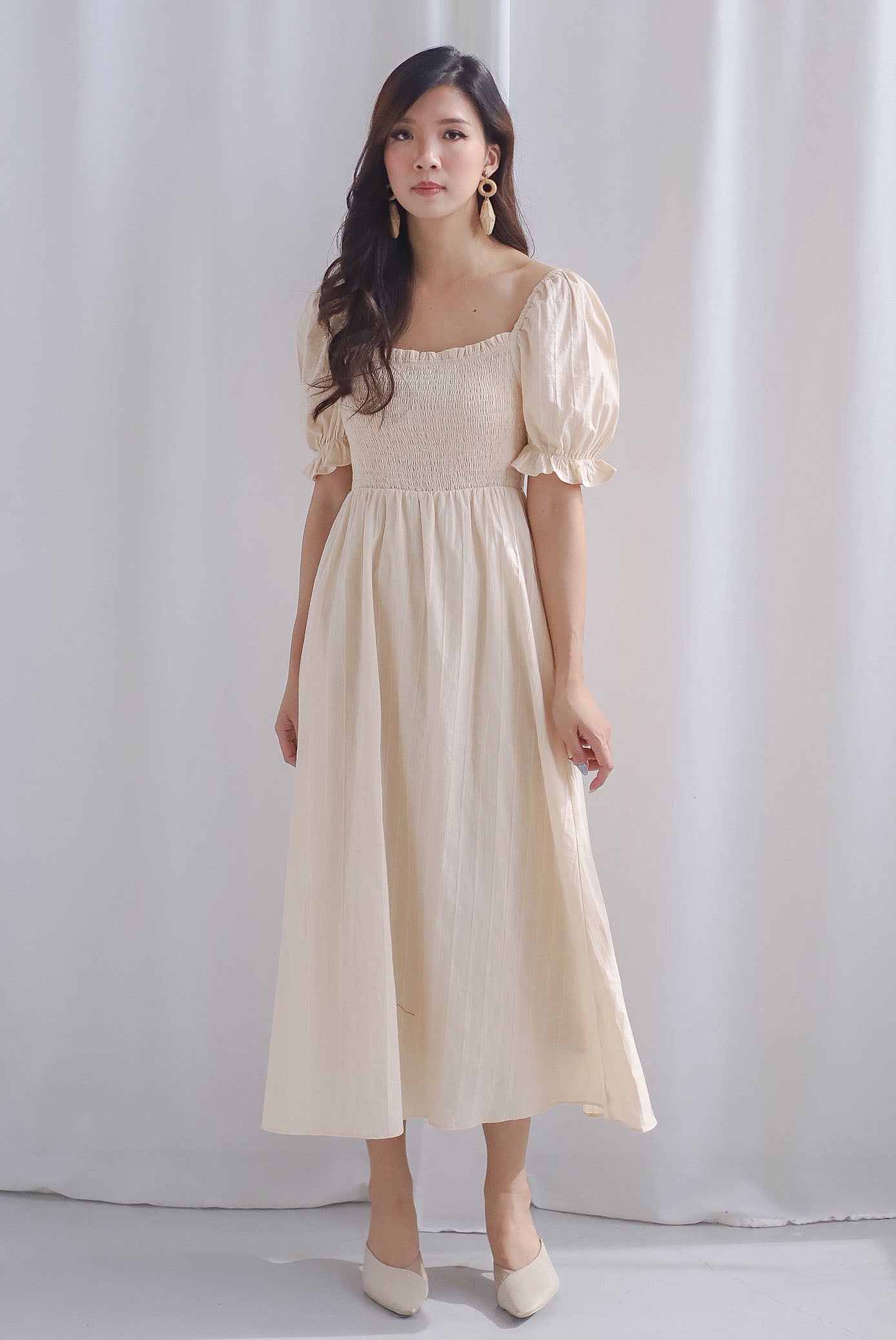 Maeko Stripes Puffy Sleeve Smocked Maxi Dress In Ecru