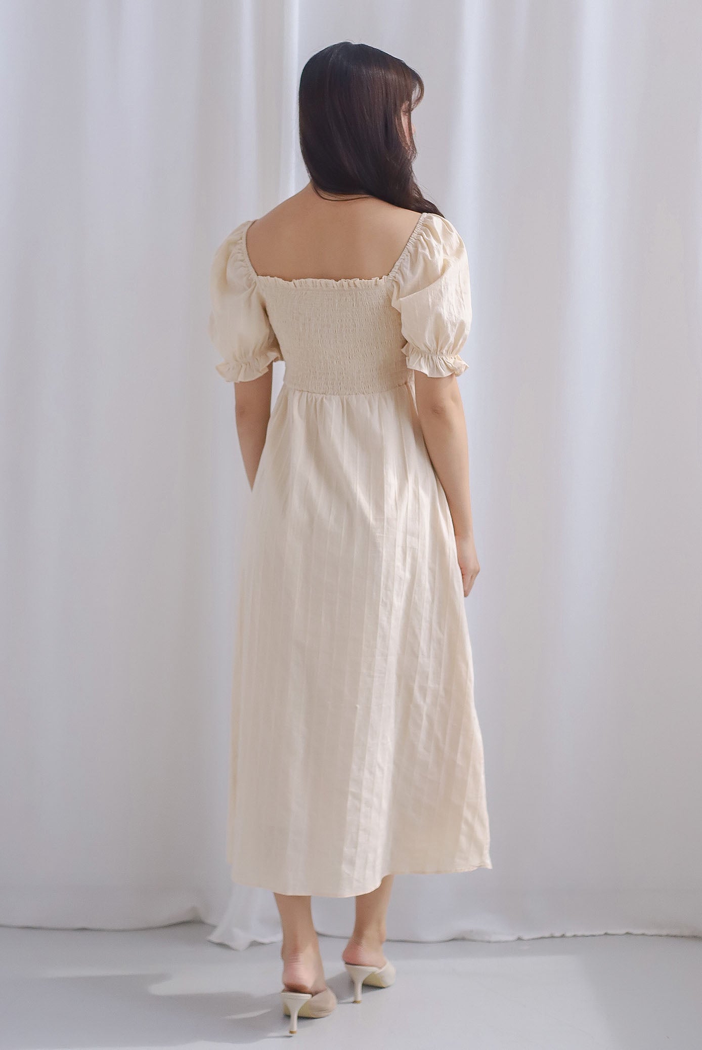 Maeko Stripes Puffy Sleeve Smocked Maxi Dress In Ecru