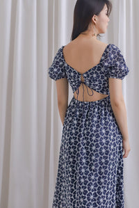 Maple Embro Eyelet Tie Back Midi Dress In Navy Blue
