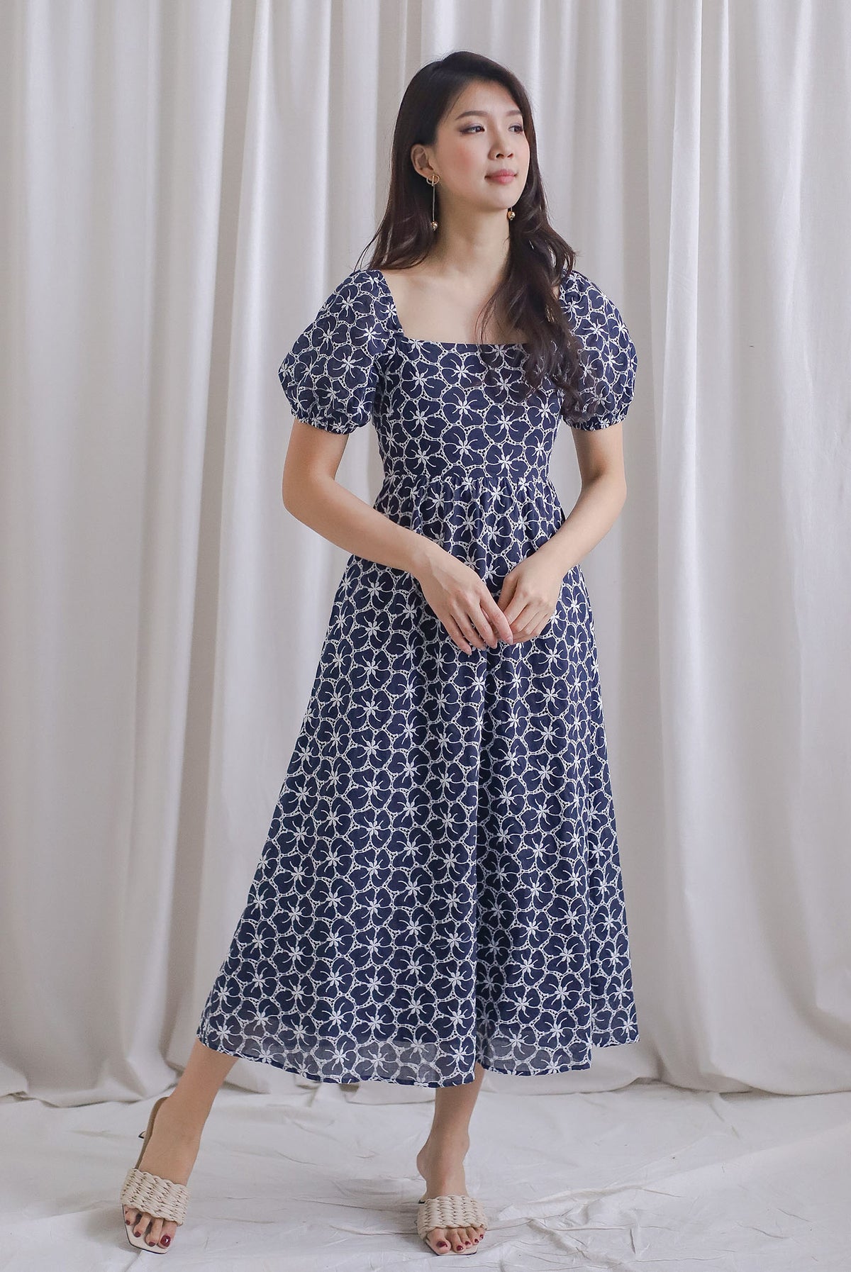 Maple Embro Eyelet Tie Back Midi Dress In Navy Blue