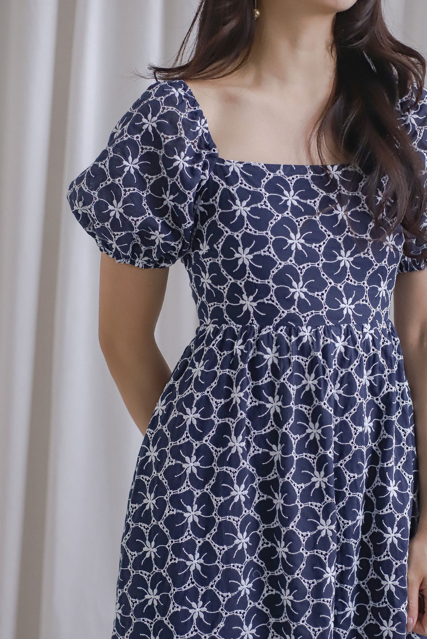 Maple Embro Eyelet Tie Back Midi Dress In Navy Blue