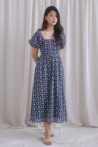 Maple Embro Eyelet Tie Back Midi Dress In Navy Blue