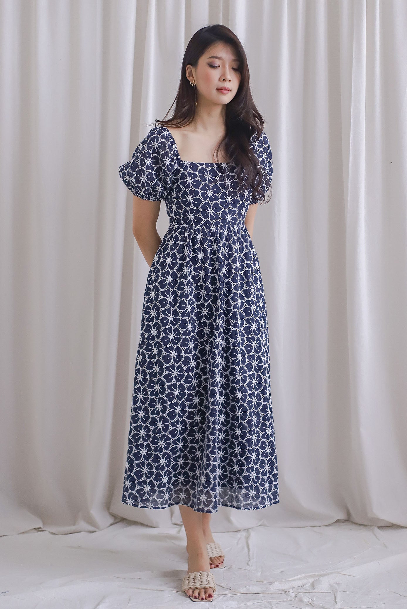 Maple Embro Eyelet Tie Back Midi Dress In Navy Blue