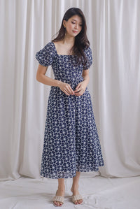 Maple Embro Eyelet Tie Back Midi Dress In Navy Blue