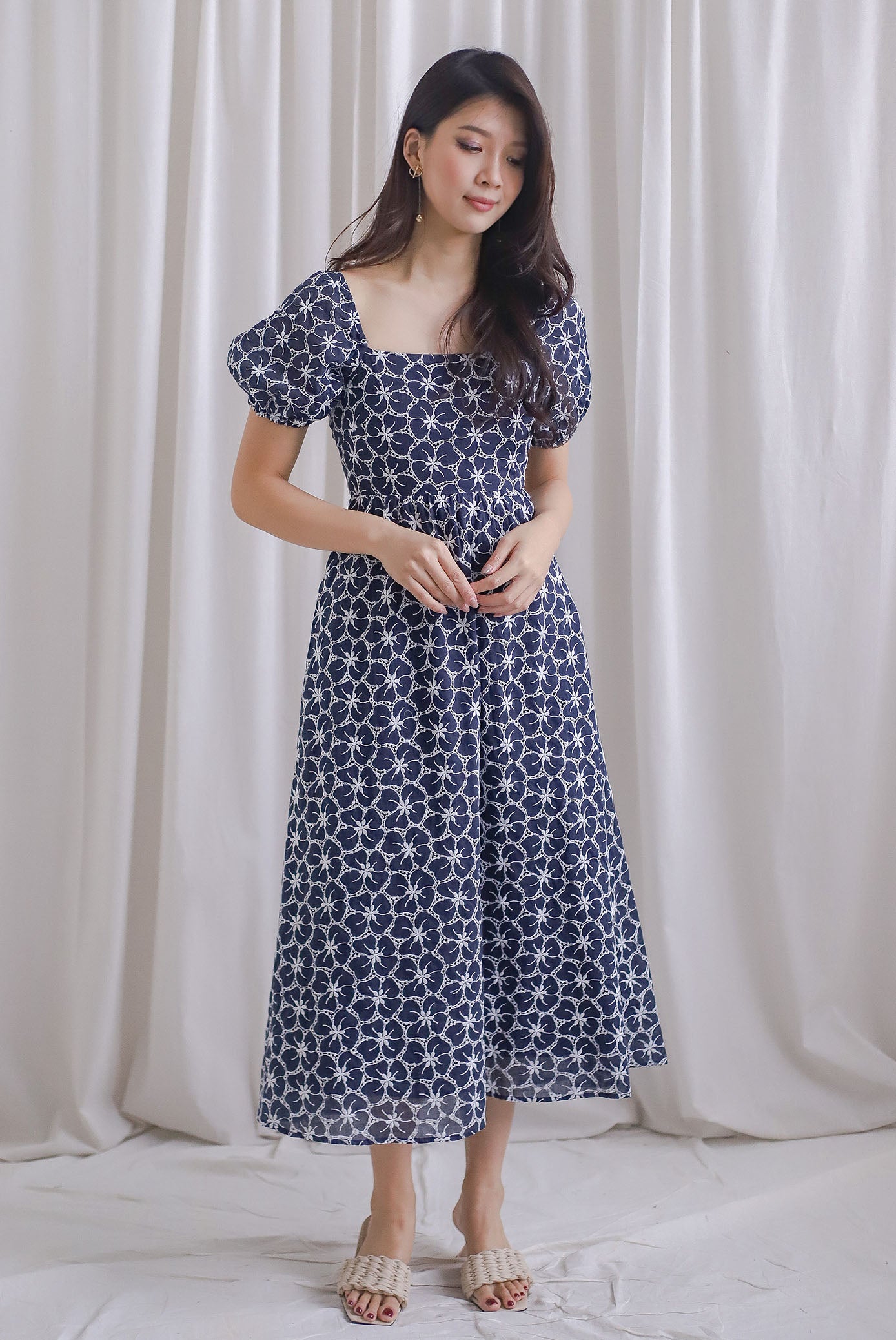 Maple Embro Eyelet Tie Back Midi Dress In Navy Blue