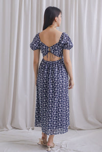 Maple Embro Eyelet Tie Back Midi Dress In Navy Blue
