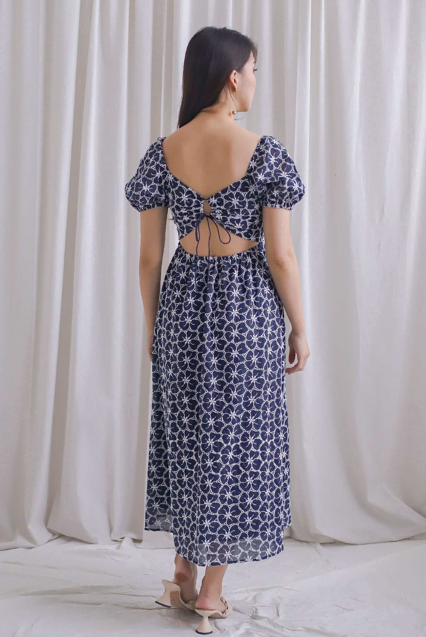 Maple Embro Eyelet Tie Back Midi Dress In Navy Blue