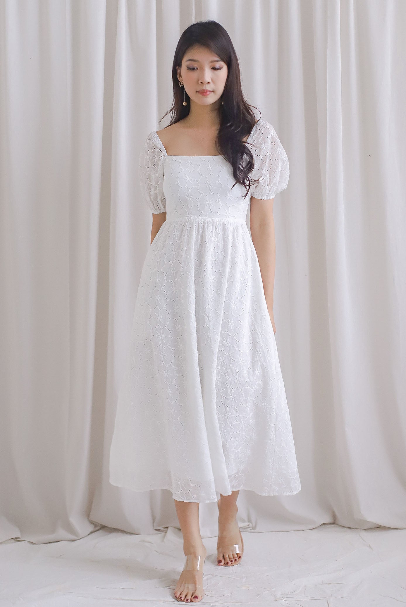 Maple Embro Eyelet Tie Back Midi Dress In White