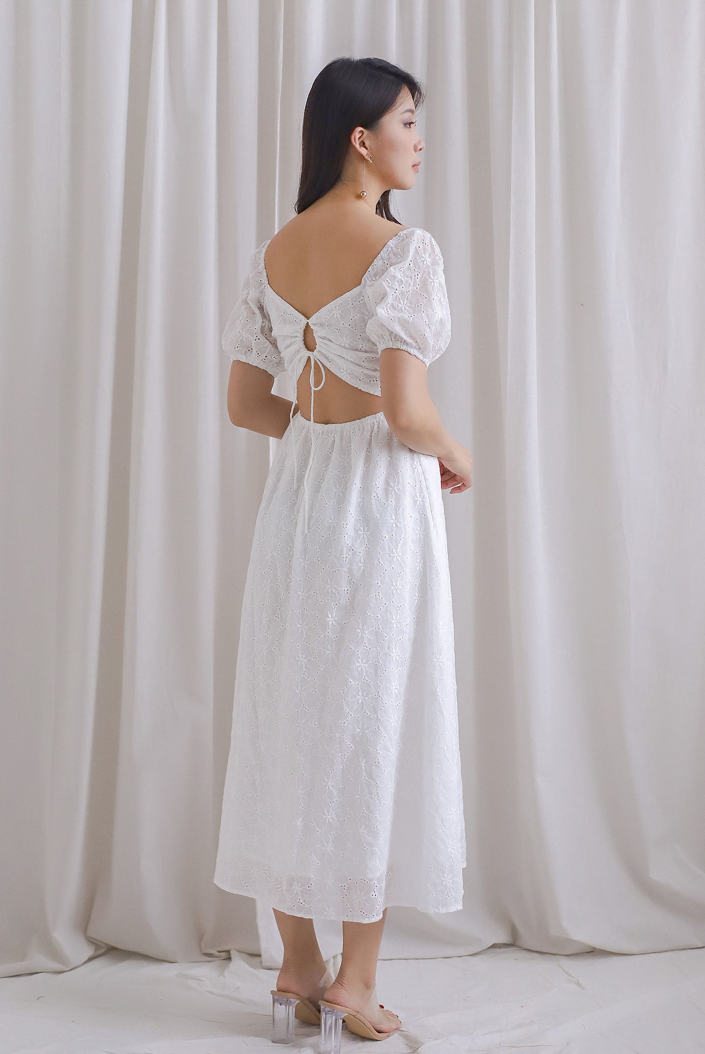 Maple Embro Eyelet Tie Back Midi Dress In White