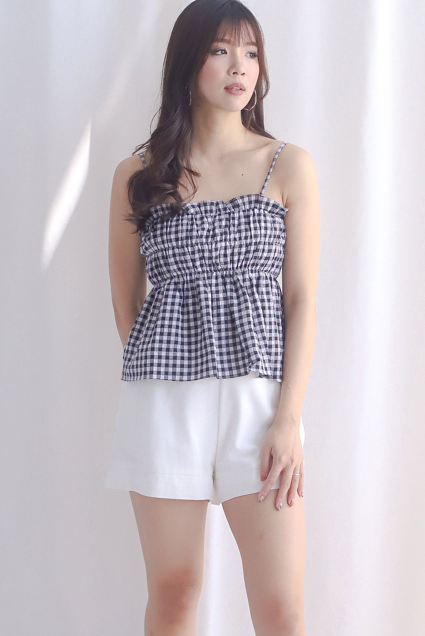 Margot Gingham Spag Babydoll Top In Black