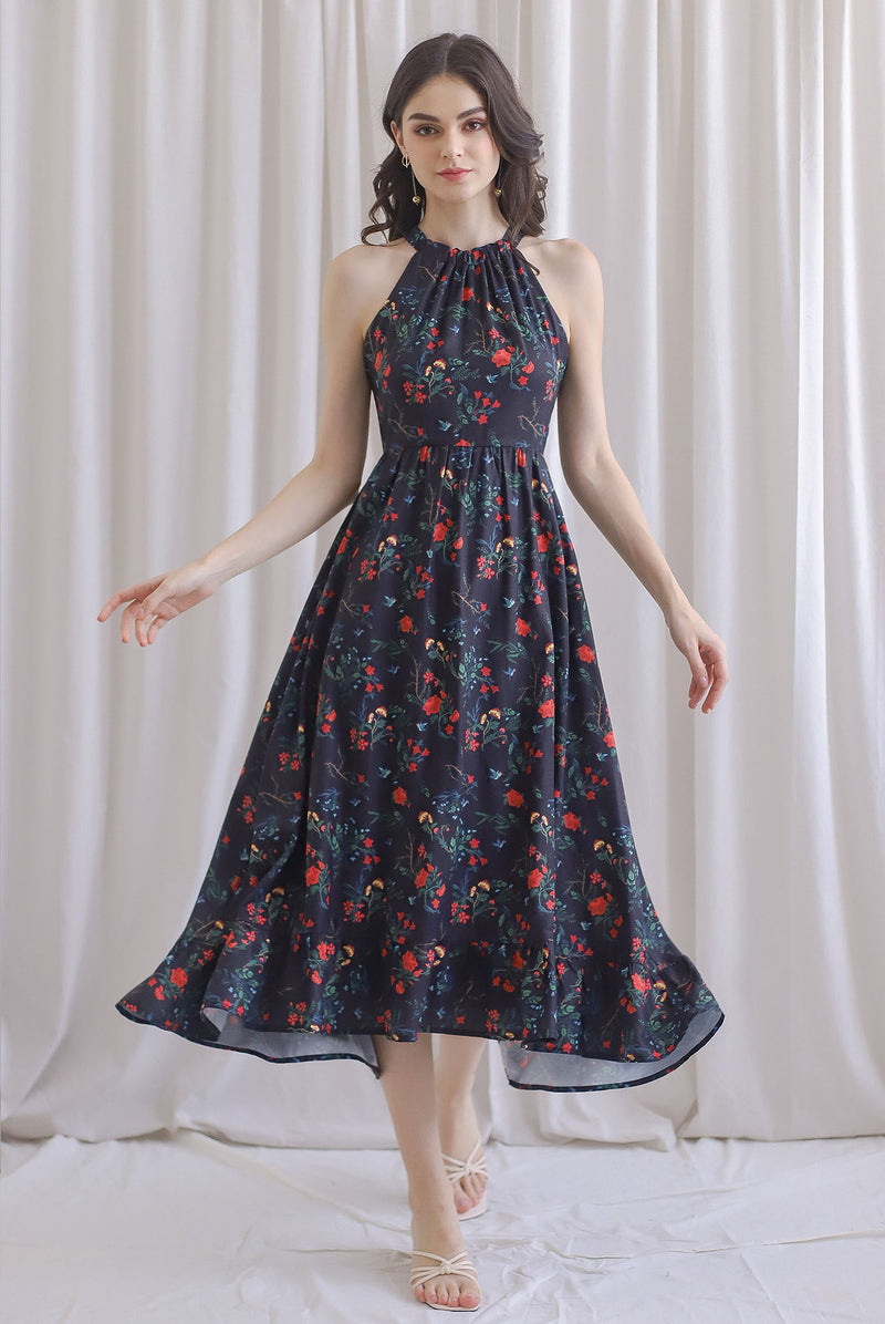 Marysa Halter Fishtail Dress In Black Floral The Design Closets Marysa Halter Fishtail Dress In Black Floral The Design Closets