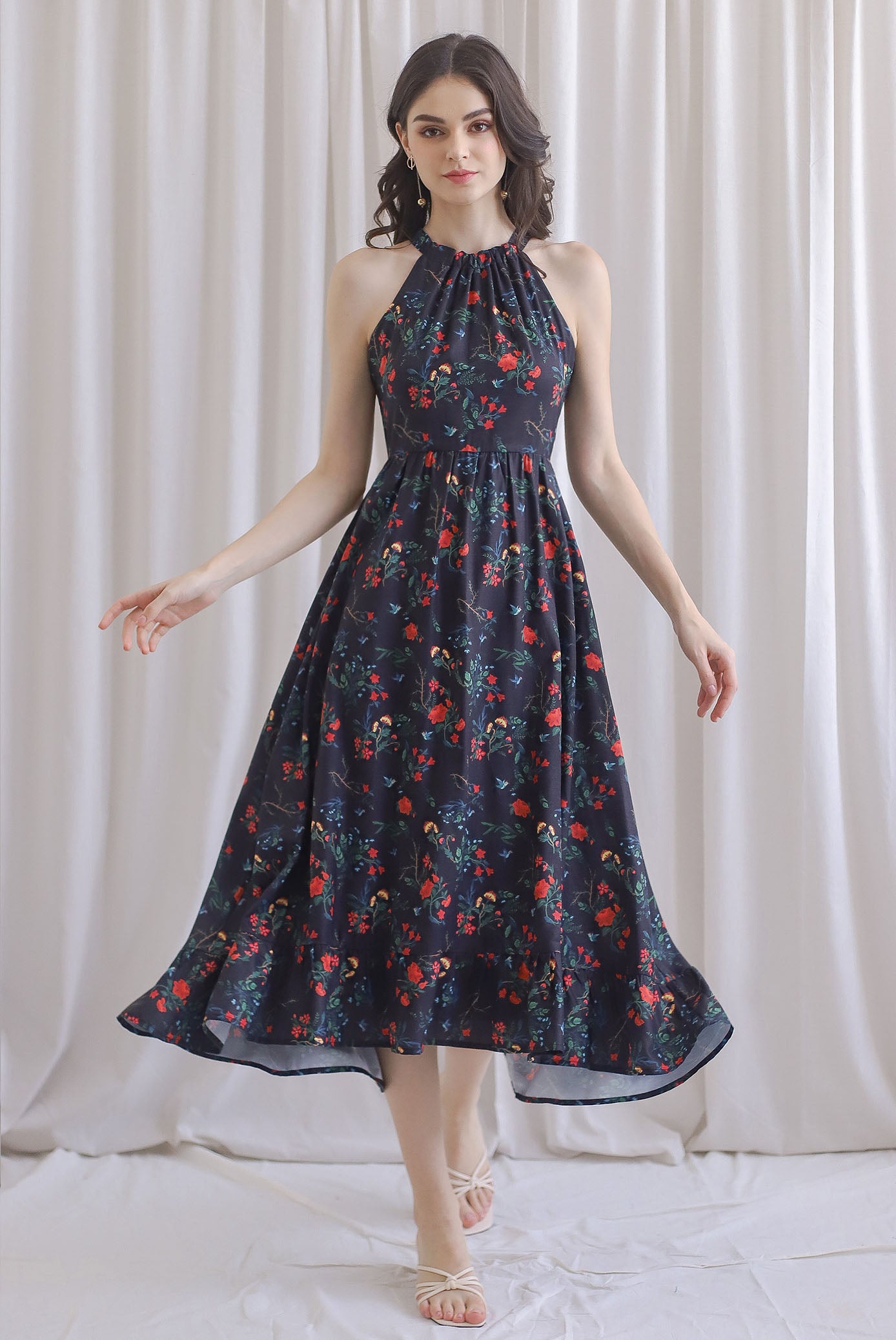 white christmas dresses Marysa Halter Fishtail Dress In Black Floral – The Design Closets