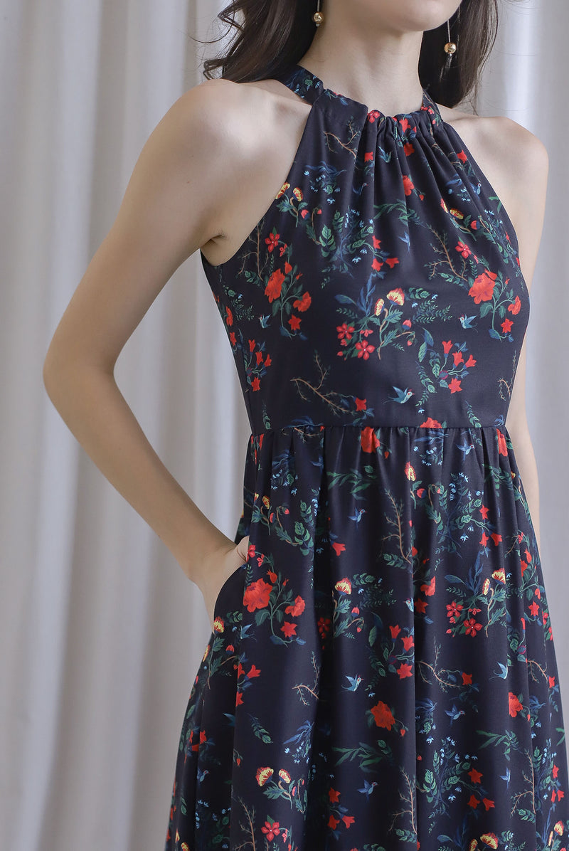 Marysa Halter Fishtail Dress In Black Floral The Design Closets Marysa Halter Fishtail Dress In Black Floral The Design Closets
