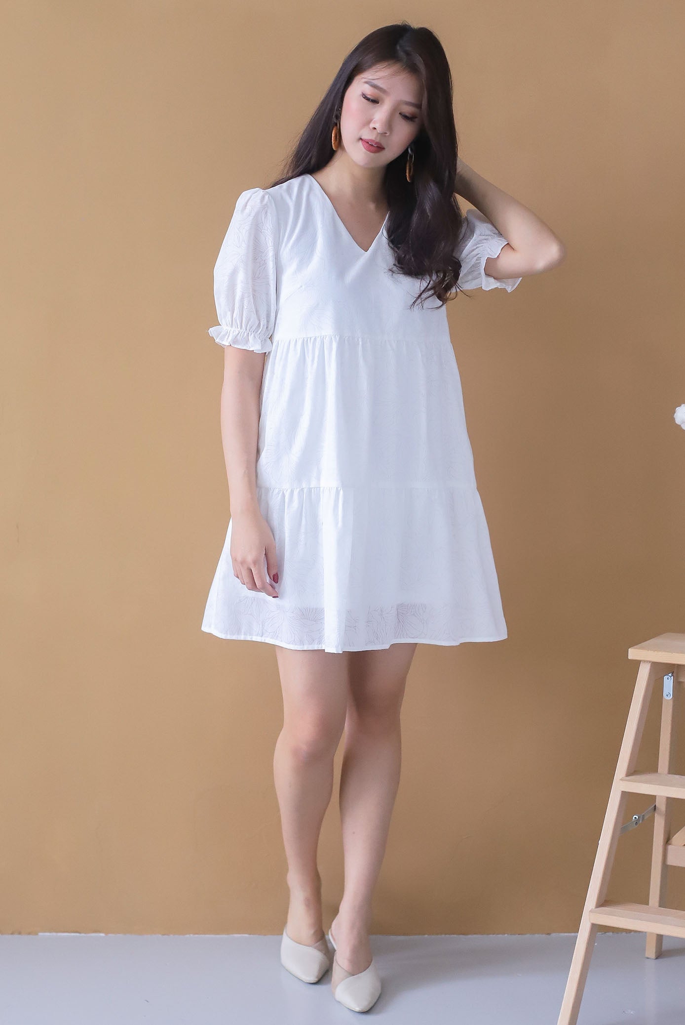 Maude Emboss Babydoll Tiered Dress In White