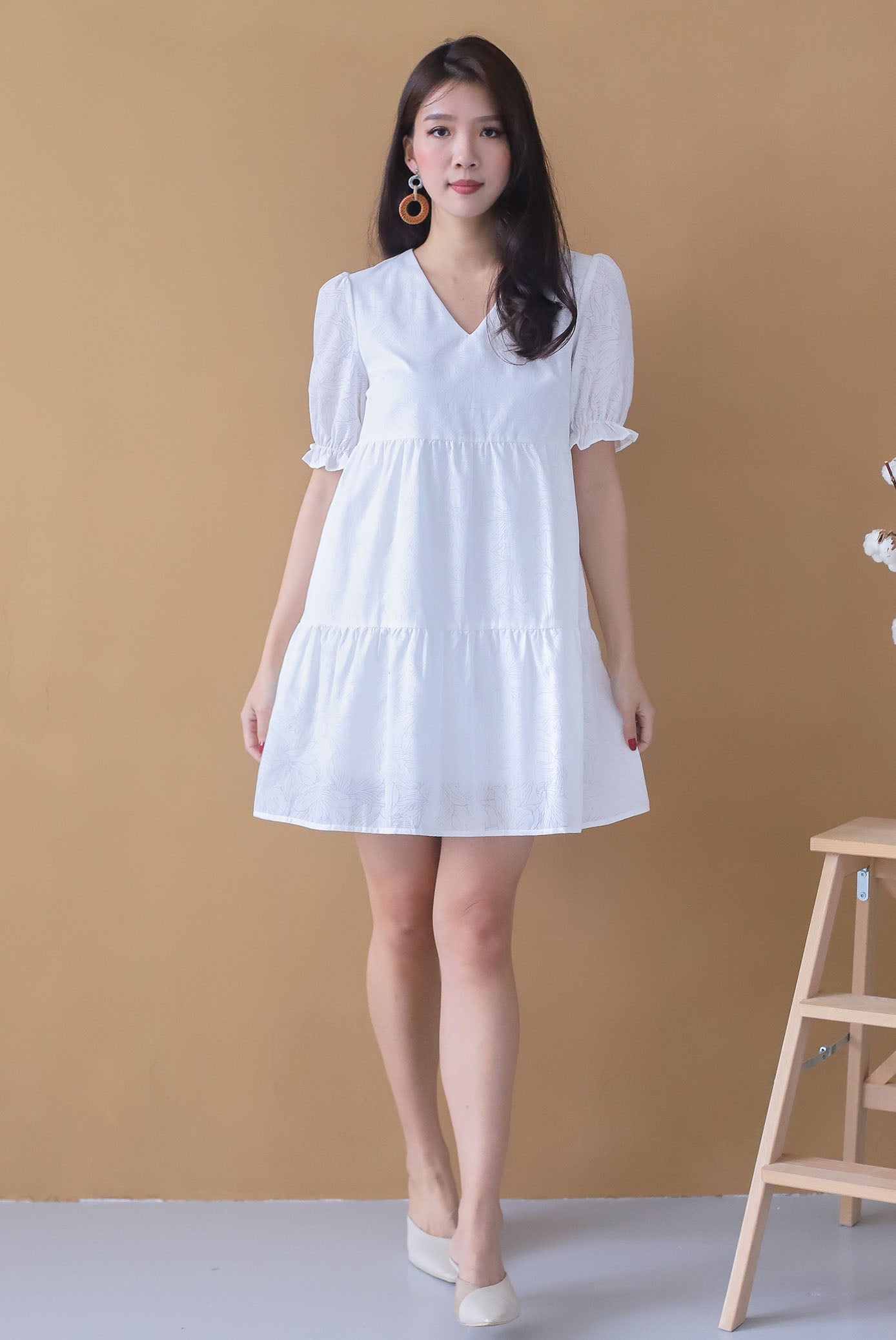 Maude Emboss Babydoll Tiered Dress In White