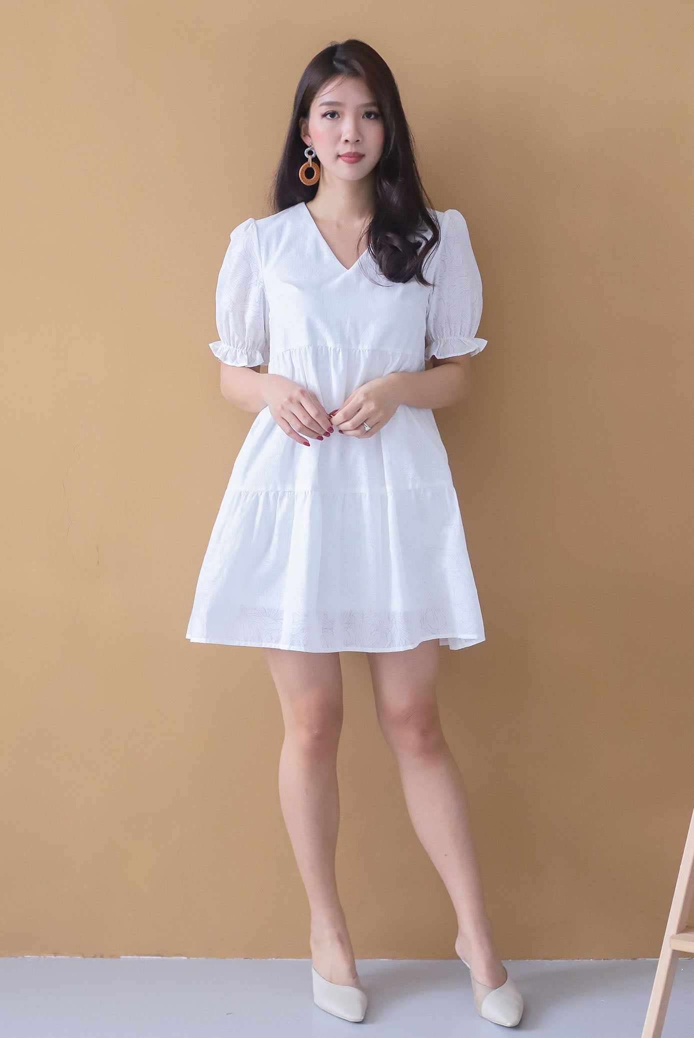 Maude Emboss Babydoll Tiered Dress In White