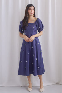 Meryl Embroidery Bow Back Dress In Navy Blue