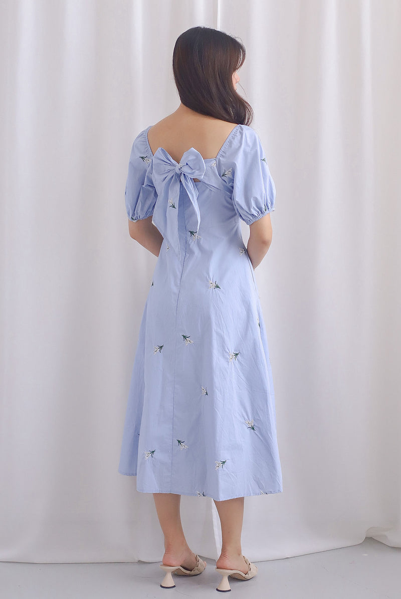 Meryl Embroidery Bow Back Dress In Skyblue