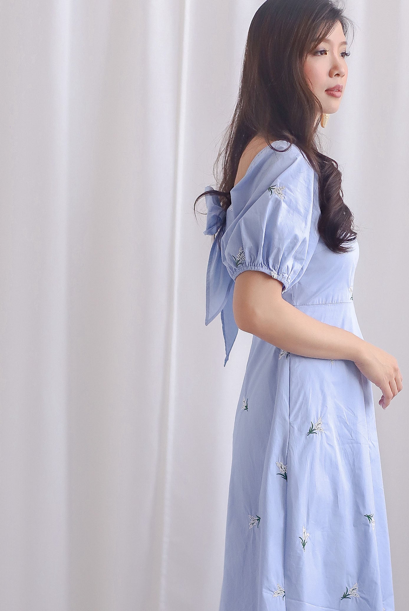 Meryl Embroidery Bow Back Dress In Skyblue