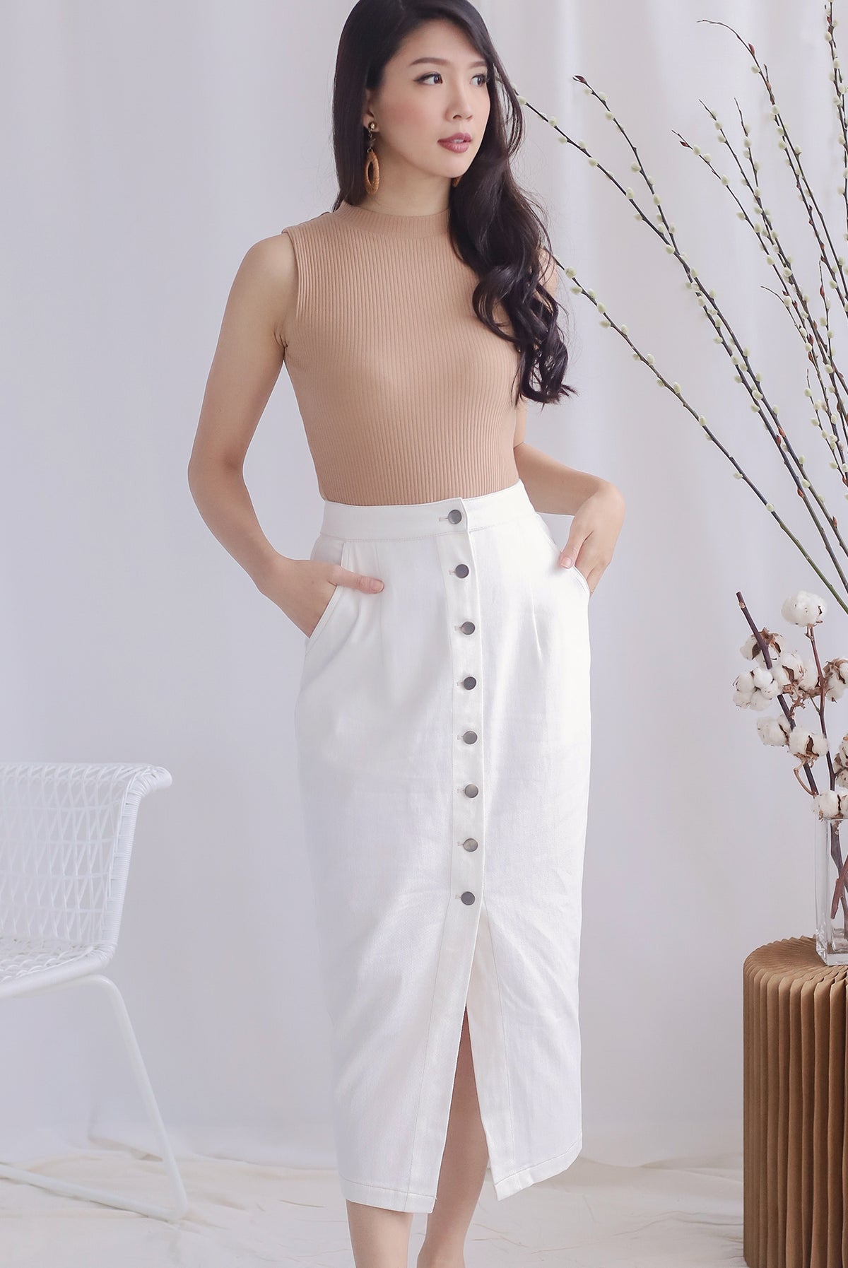 *Restocked* Meygan Denim Buttons Pencil Skirt In White
