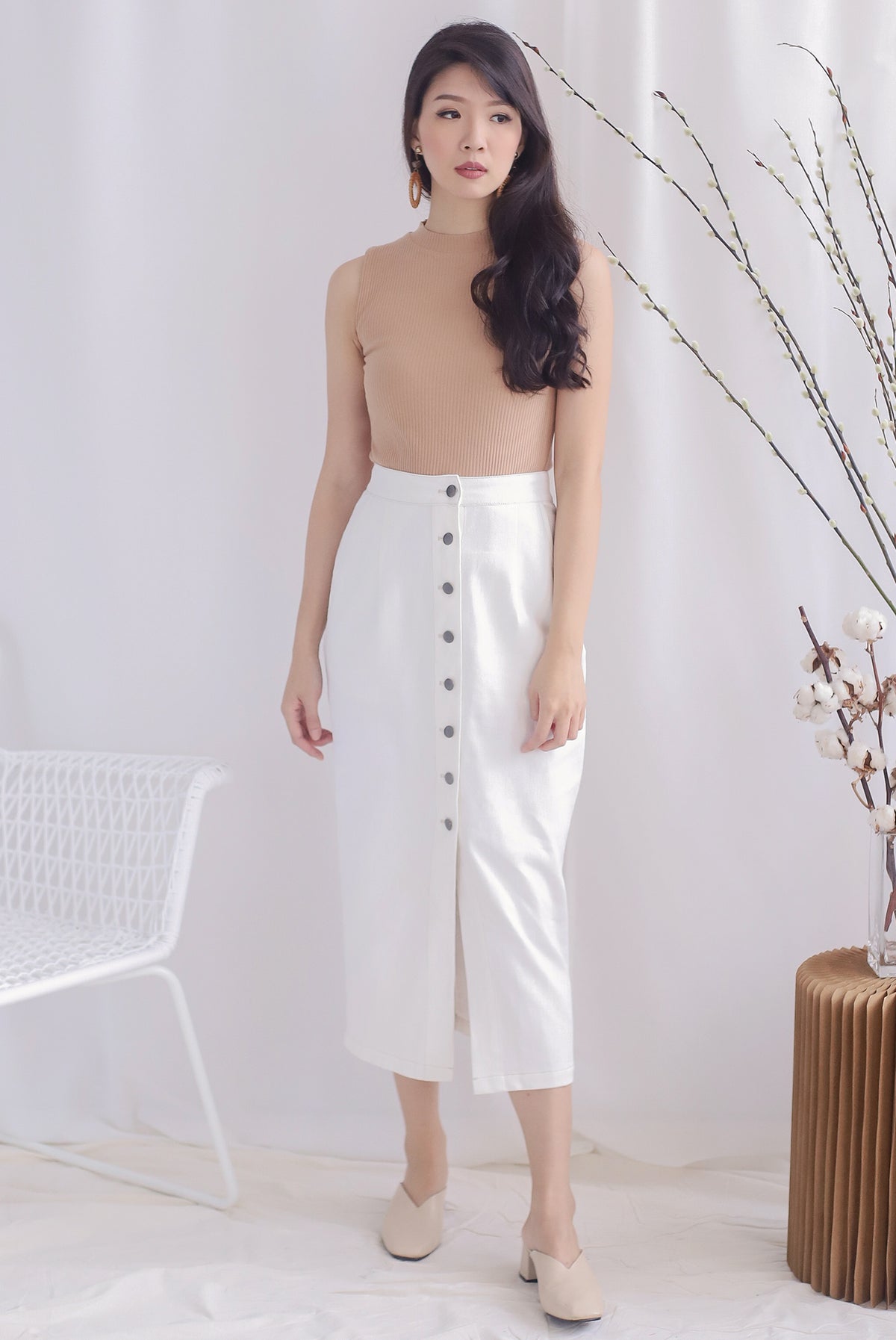 *Restocked* Meygan Denim Buttons Pencil Skirt In White