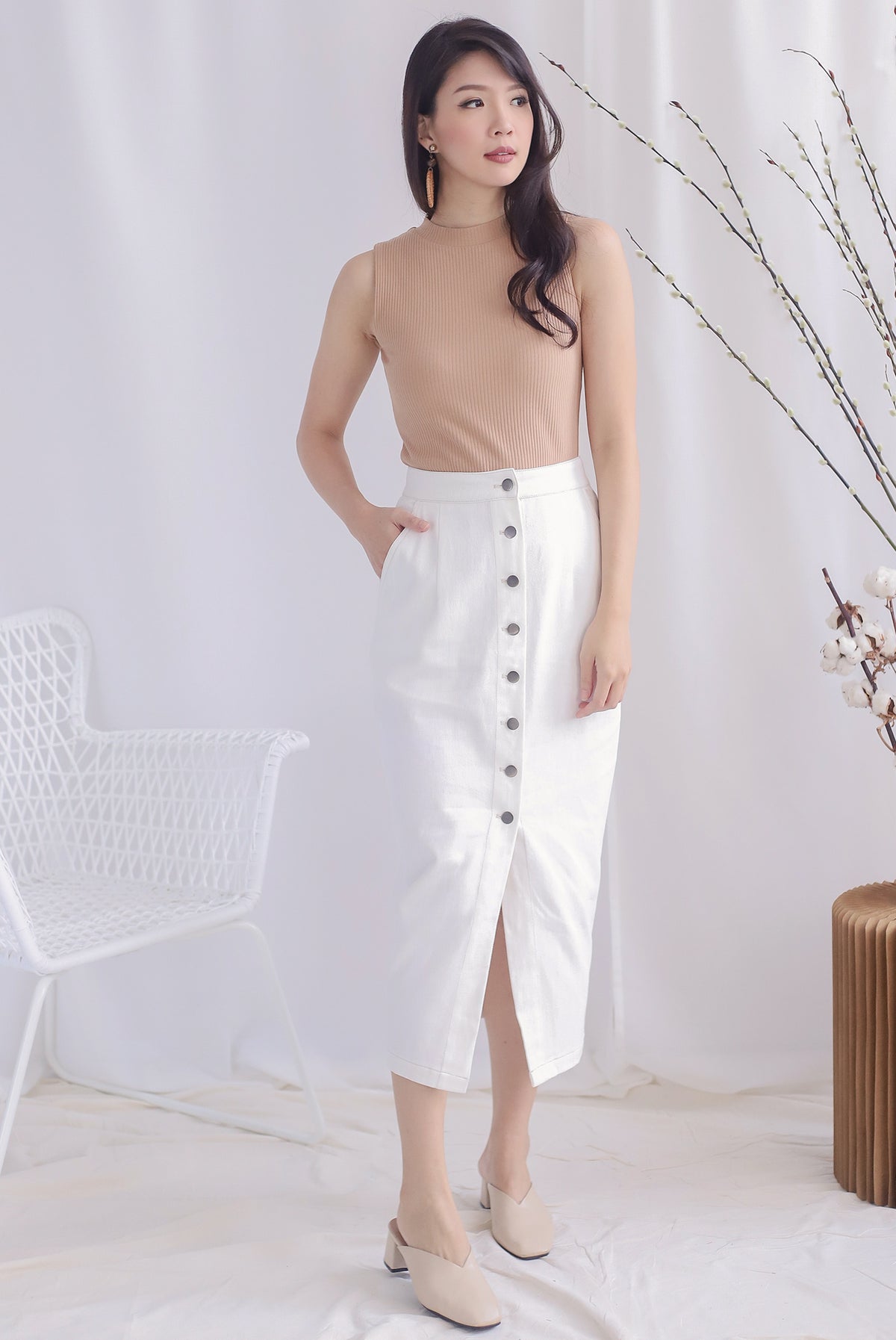 *Restocked* Meygan Denim Buttons Pencil Skirt In White