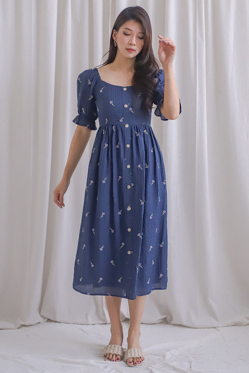 Mildred Embro Faux Buttons Midi Dress In Navy Blue