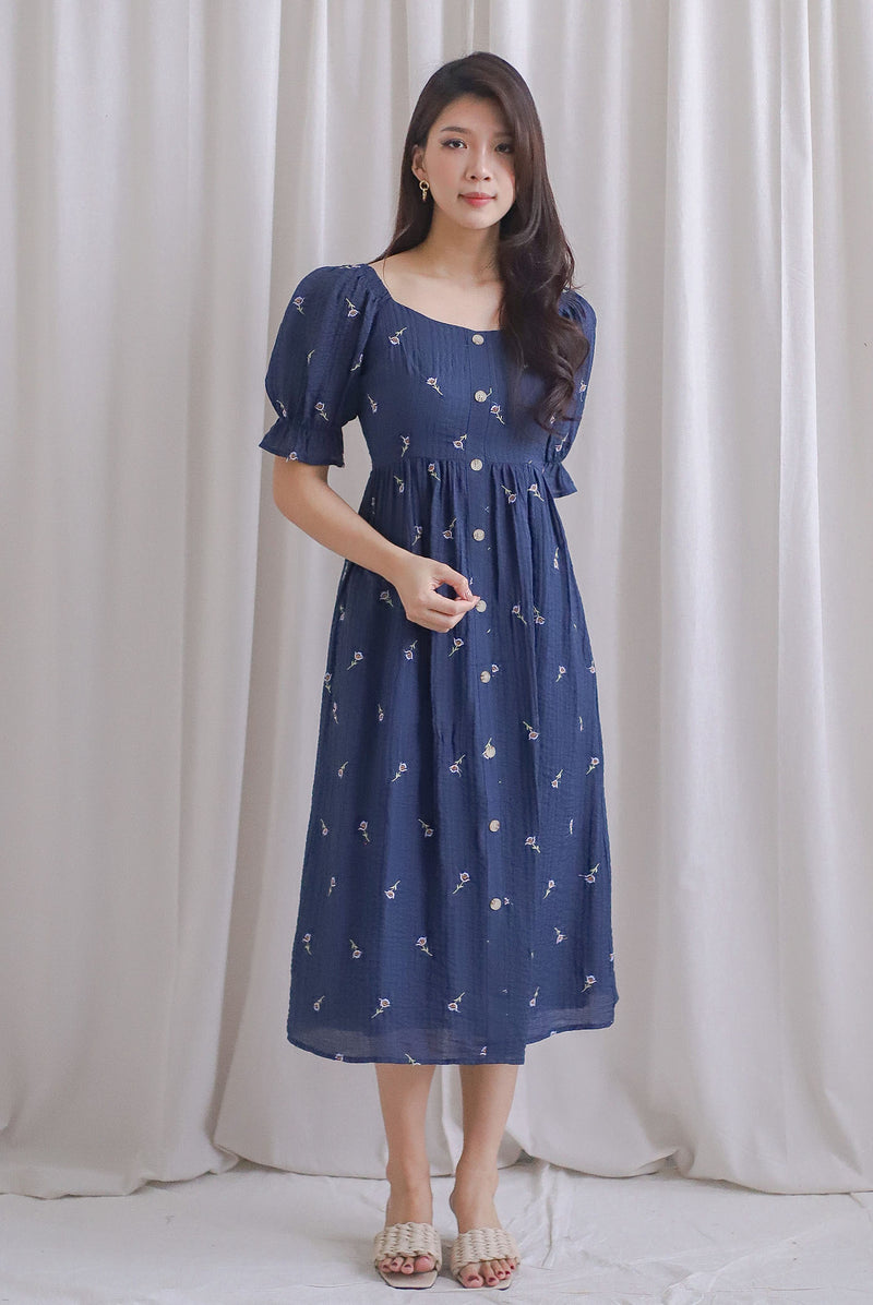 Mildred Embro Faux Buttons Midi Dress In Navy Blue