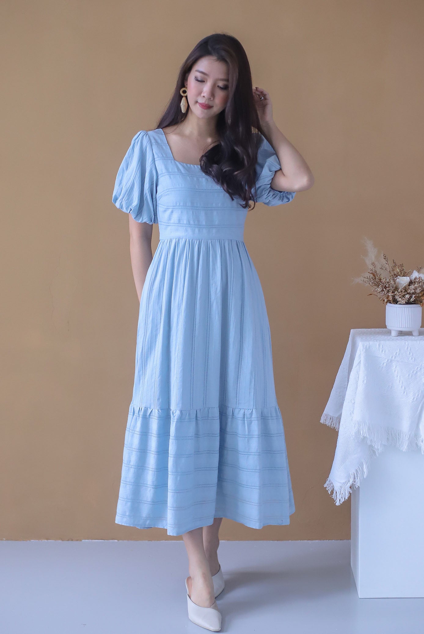Restocked* Morie Lattice Eyelet Puffy Sleeve Maxi Dress In Blue The Design Closets Restocked* Morie Lattice Eyelet Puffy Sleeve Maxi Dress In Blue The Design Closets