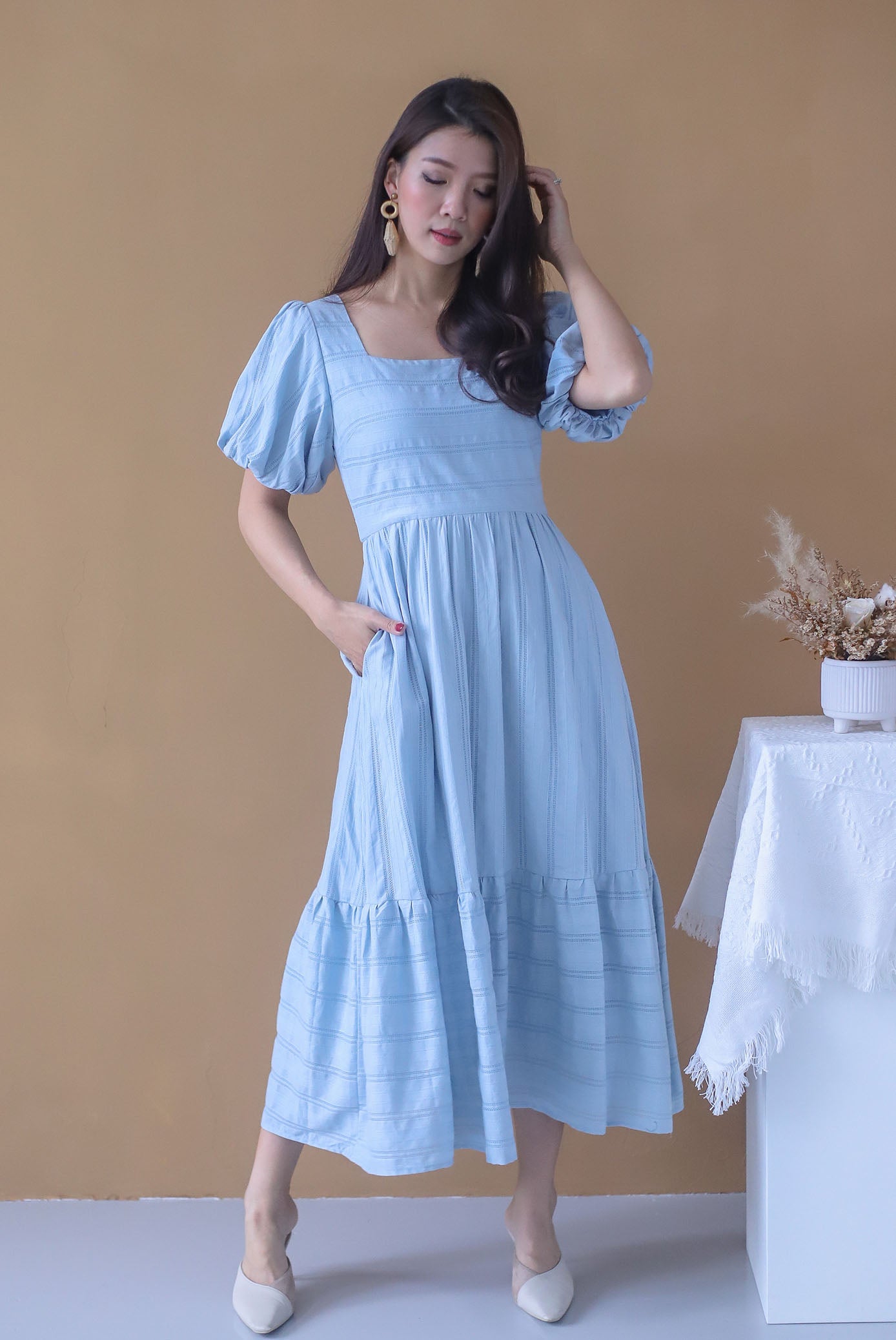 Restocked* Morie Lattice Eyelet Puffy Sleeve Maxi Dress In Blue The Design Closets Restocked* Morie Lattice Eyelet Puffy Sleeve Maxi Dress In Blue The Design Closets