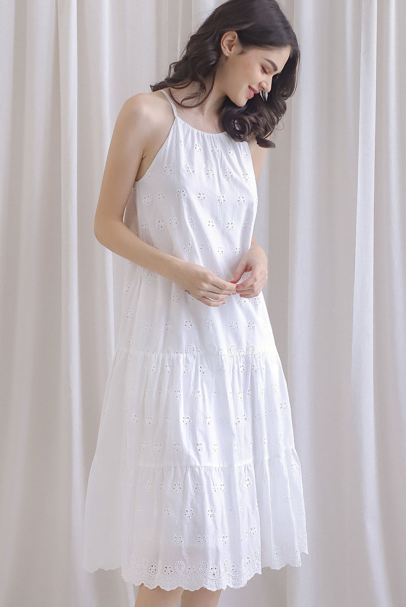 Nicolien Eyelet Tier Cut In Midi Dress In White