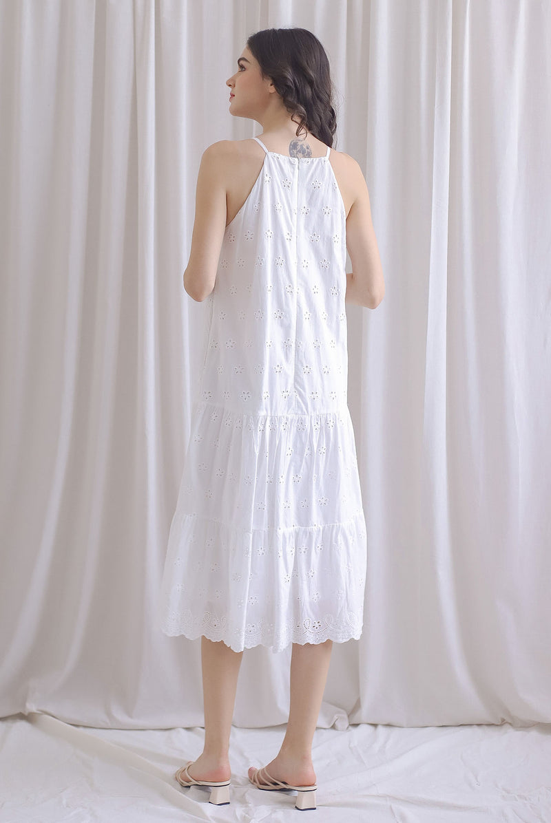 Nicolien Eyelet Tier Cut In Midi Dress In White