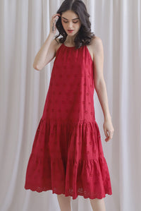 Nicolien Eyelet Tier Cut In Midi Dress In Wine Red