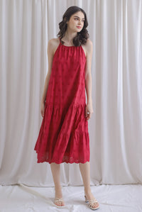 Nicolien Eyelet Tier Cut In Midi Dress In Wine Red