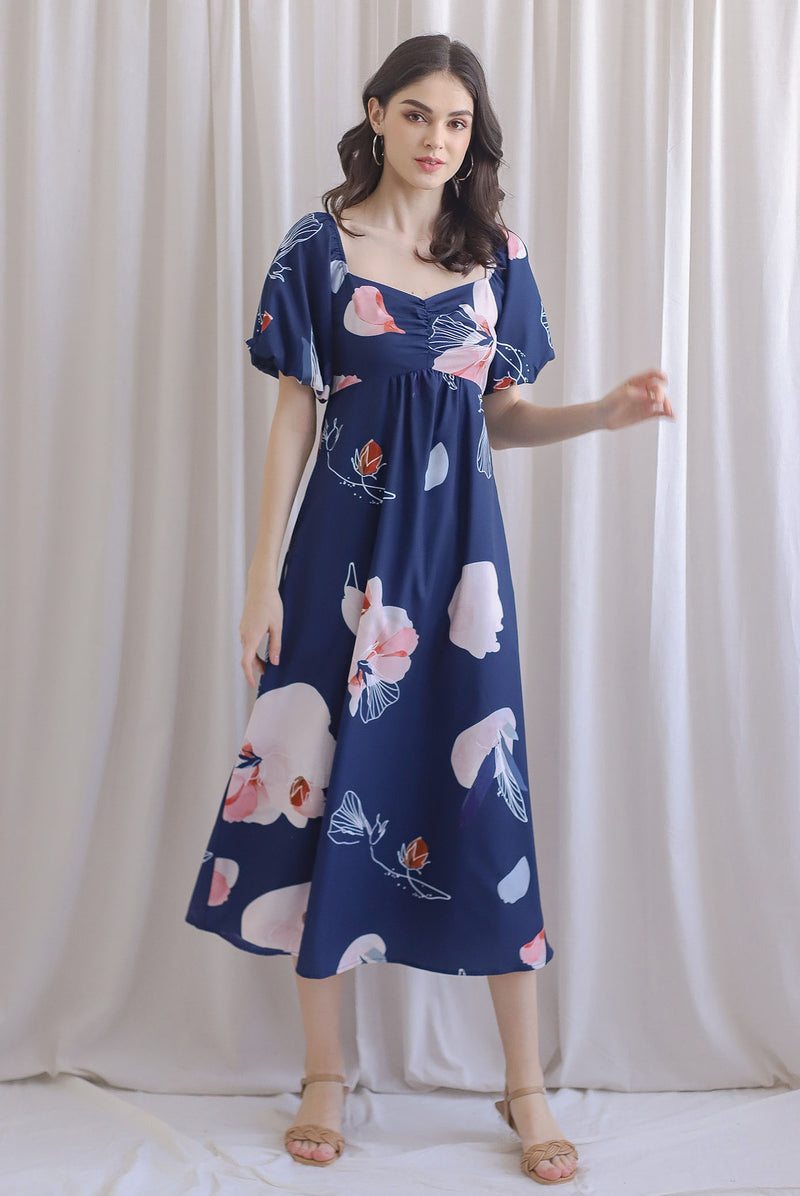 TDC Rapunzel Floral Puffy Sleeve Bustier Maxi Dress In Navy Blue