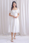 Patti Texture Puffy Sleeve Tie Midi Dress In White